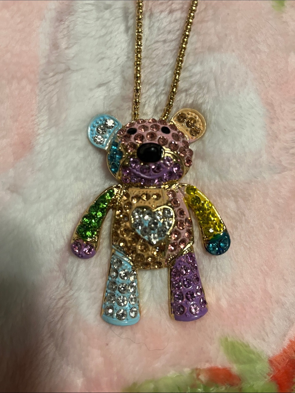 New NWT Betsey Johnson Multicolor Crystal Teddy Bear Pendant Necklace